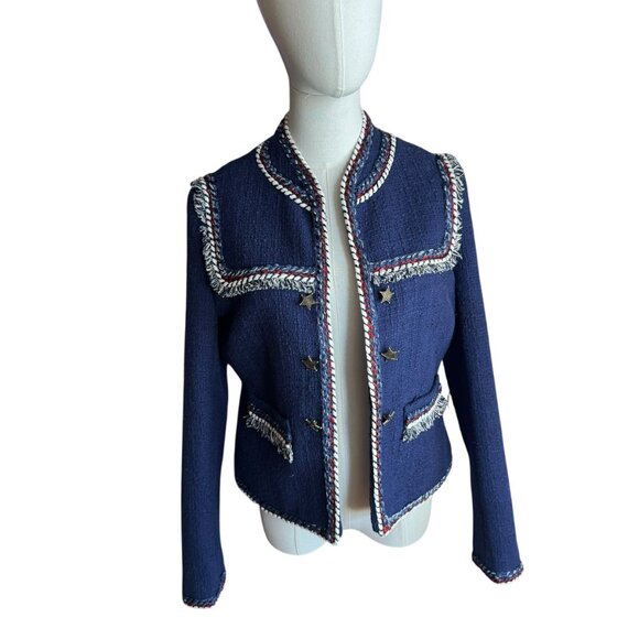 Boston Proper Navy Tweed Jacket Size 6 – Braided Trim & Star Buttons - Picture 2 of 7